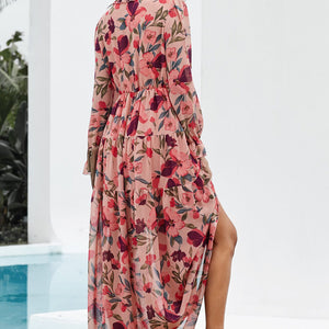 Floral Frill Trim Flounce Sleeve Plunge Maxi Dress-Pimamour