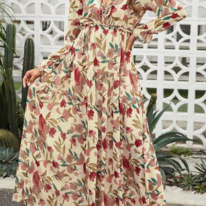 Floral Frill Trim Flounce Sleeve Plunge Maxi Dress-Pimamour