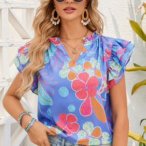 Floral Notched Neck Flutter Sleeve Blouse-Pimamour