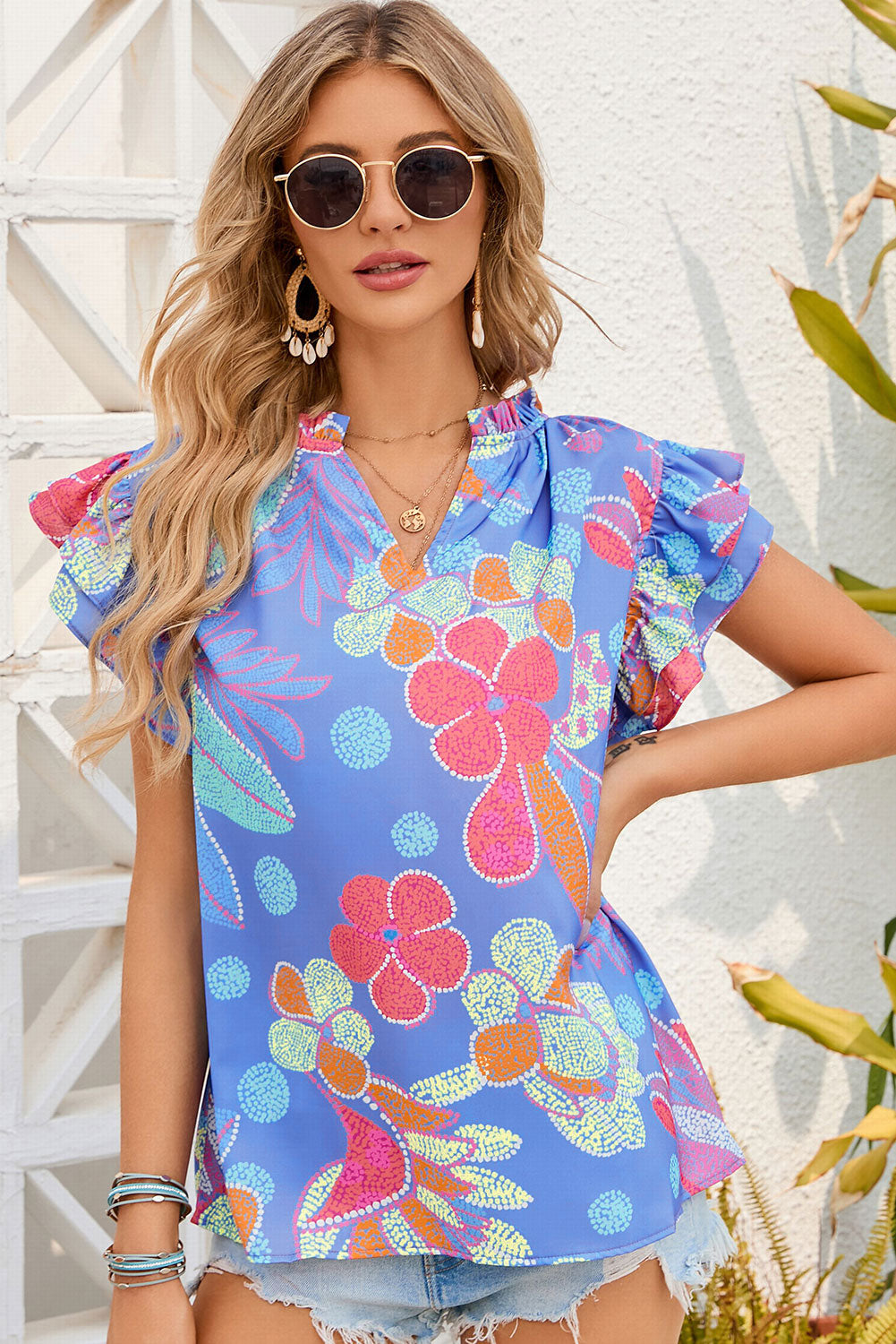 Floral Notched Neck Flutter Sleeve Blouse-Pimamour