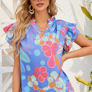 Floral Notched Neck Flutter Sleeve Blouse-Pimamour