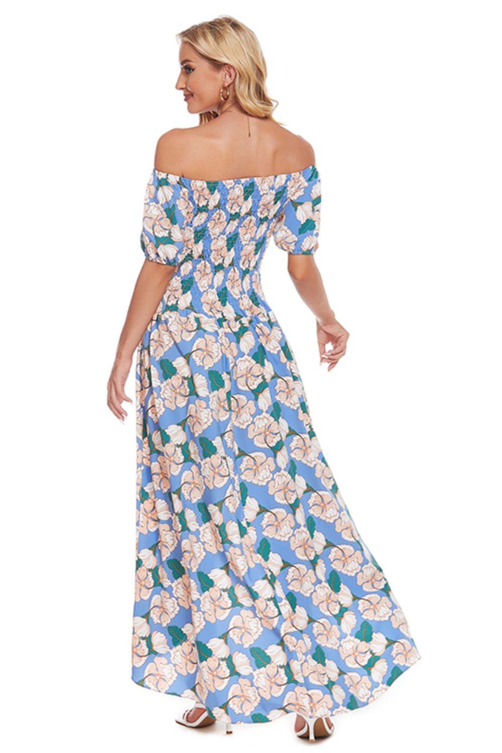 Floral Off-Shoulder Slit Maxi Dress-Pimamour