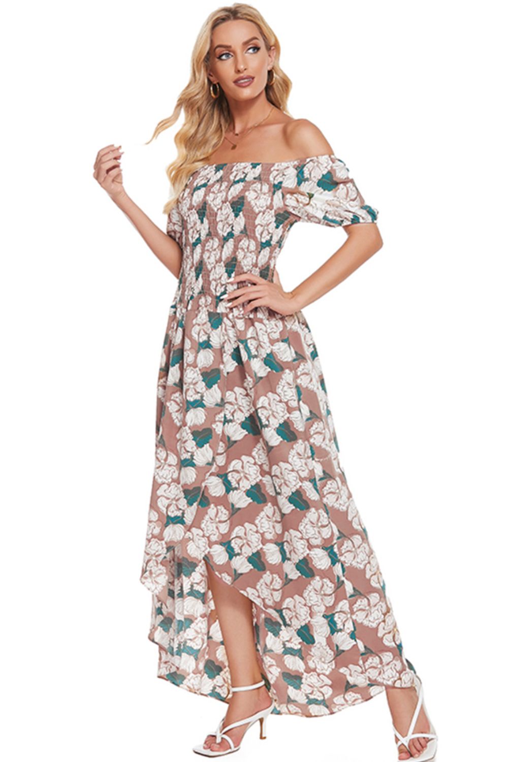 Floral Off-Shoulder Slit Maxi Dress-Pimamour