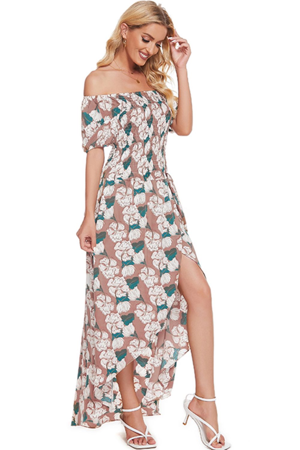 Floral Off-Shoulder Slit Maxi Dress-Pimamour