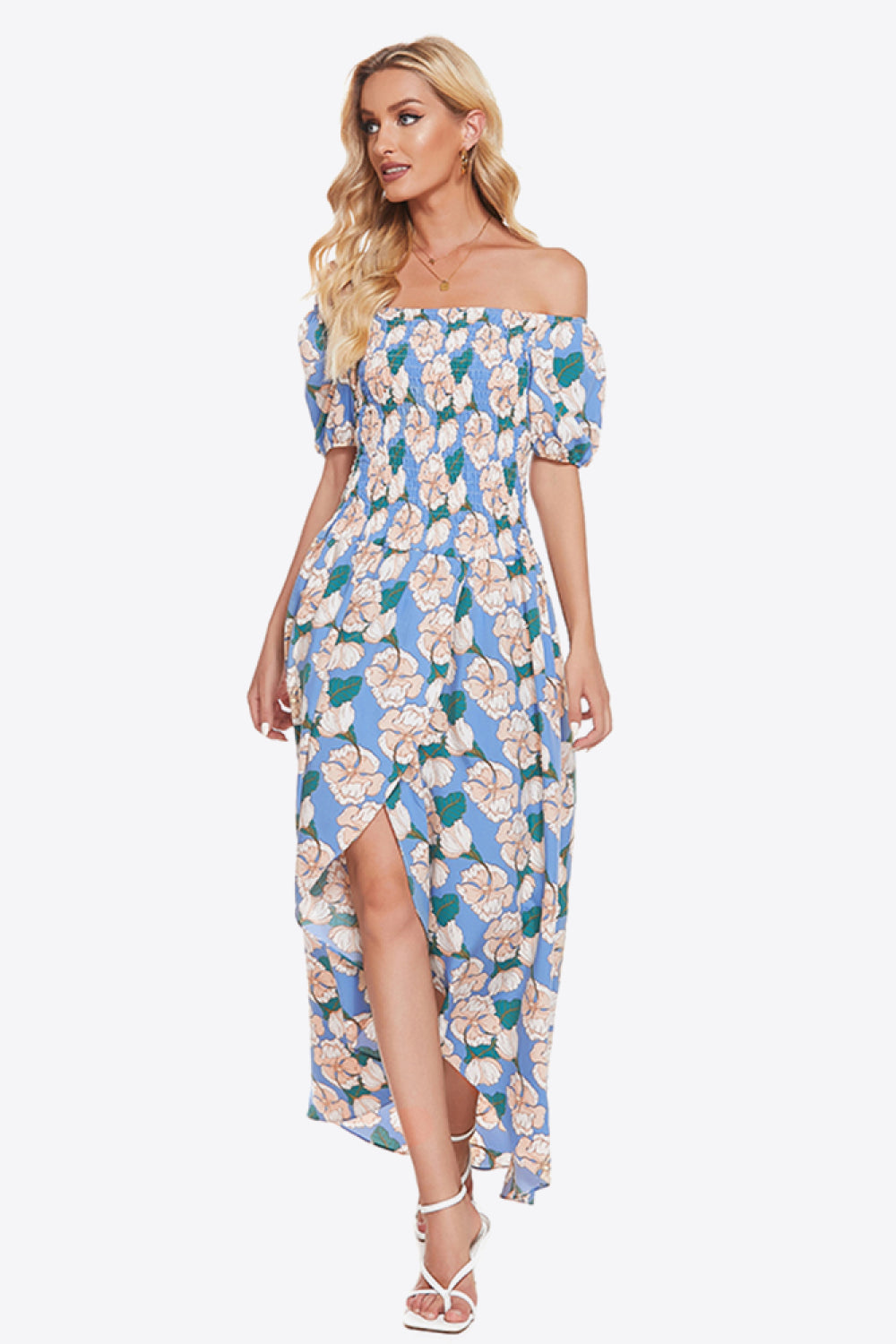 Floral Off-Shoulder Slit Maxi Dress-Pimamour