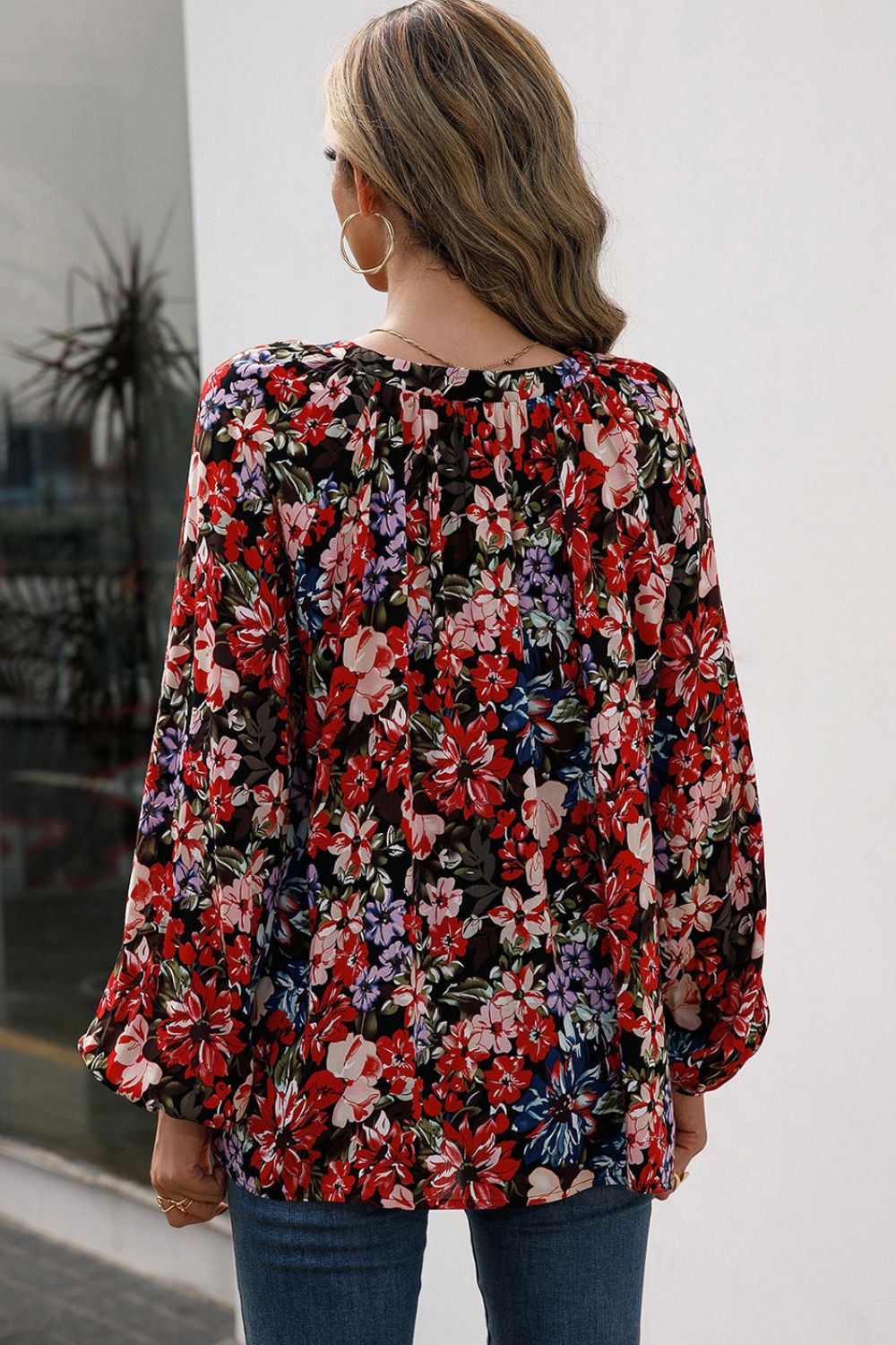 Floral Print Balloon Sleeve Ruched Blouse-Pimamour