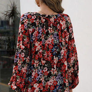 Floral Print Balloon Sleeve Ruched Blouse-Pimamour