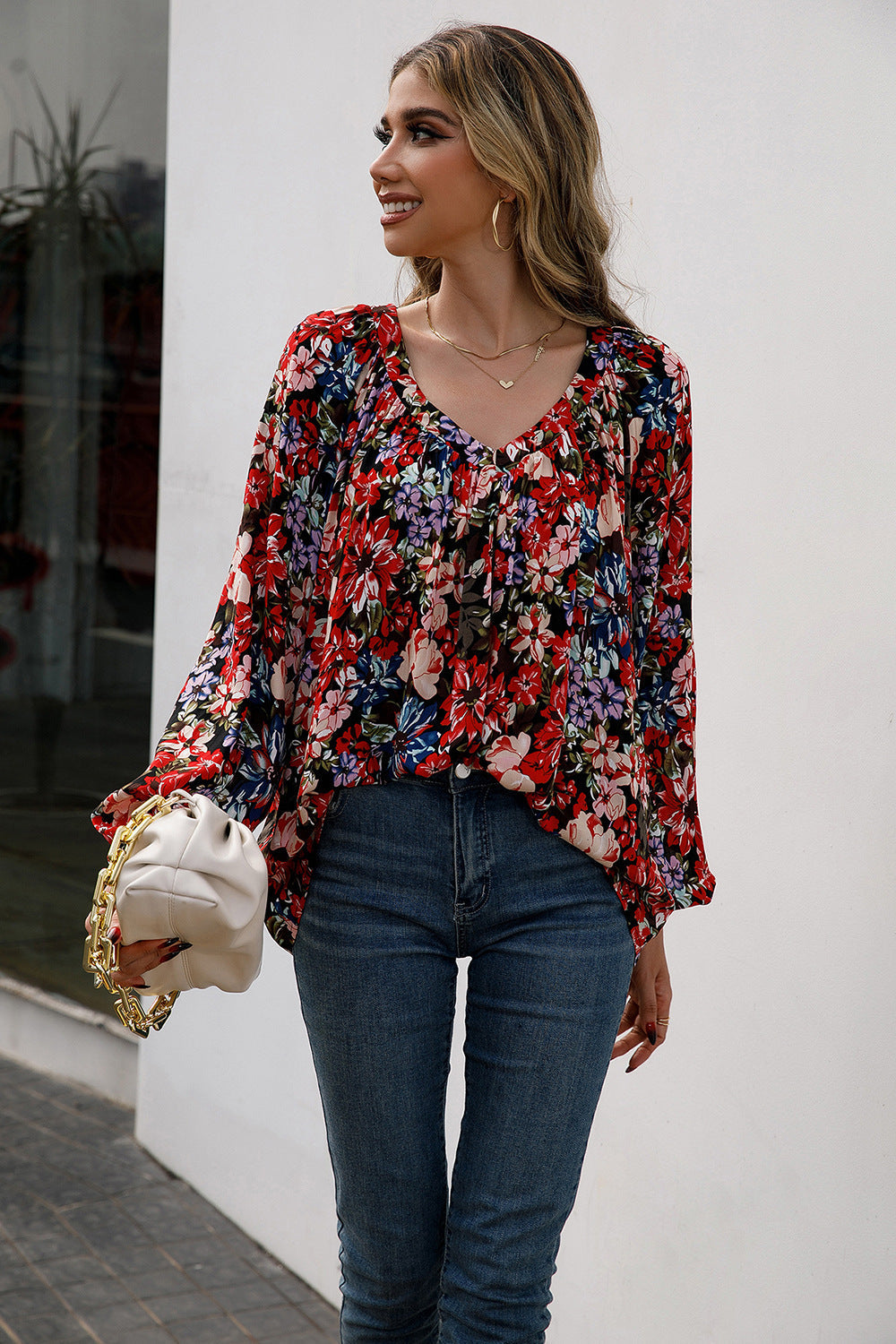 Floral Print Balloon Sleeve Ruched Blouse-Pimamour