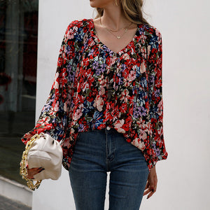 Floral Print Balloon Sleeve Ruched Blouse-Pimamour