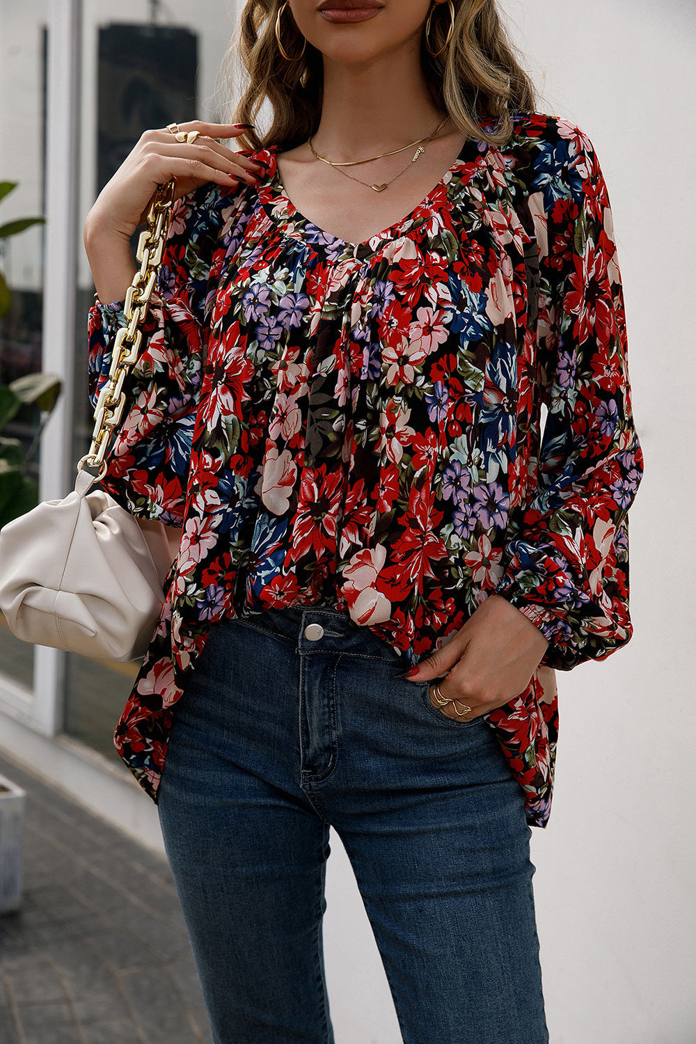 Floral Print Balloon Sleeve Ruched Blouse-Pimamour