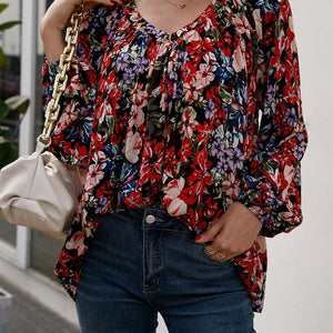 Floral Print Balloon Sleeve Ruched Blouse-Pimamour