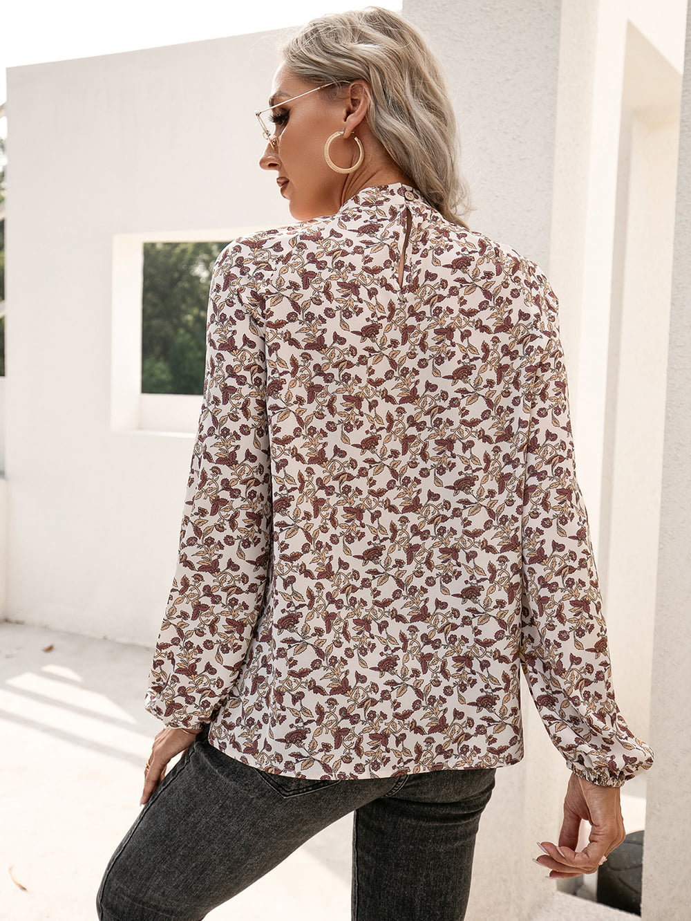 Floral Print Long Sleeve Mock Neck Blouse-Pimamour