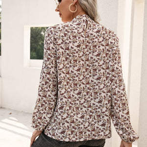 Floral Print Long Sleeve Mock Neck Blouse-Pimamour