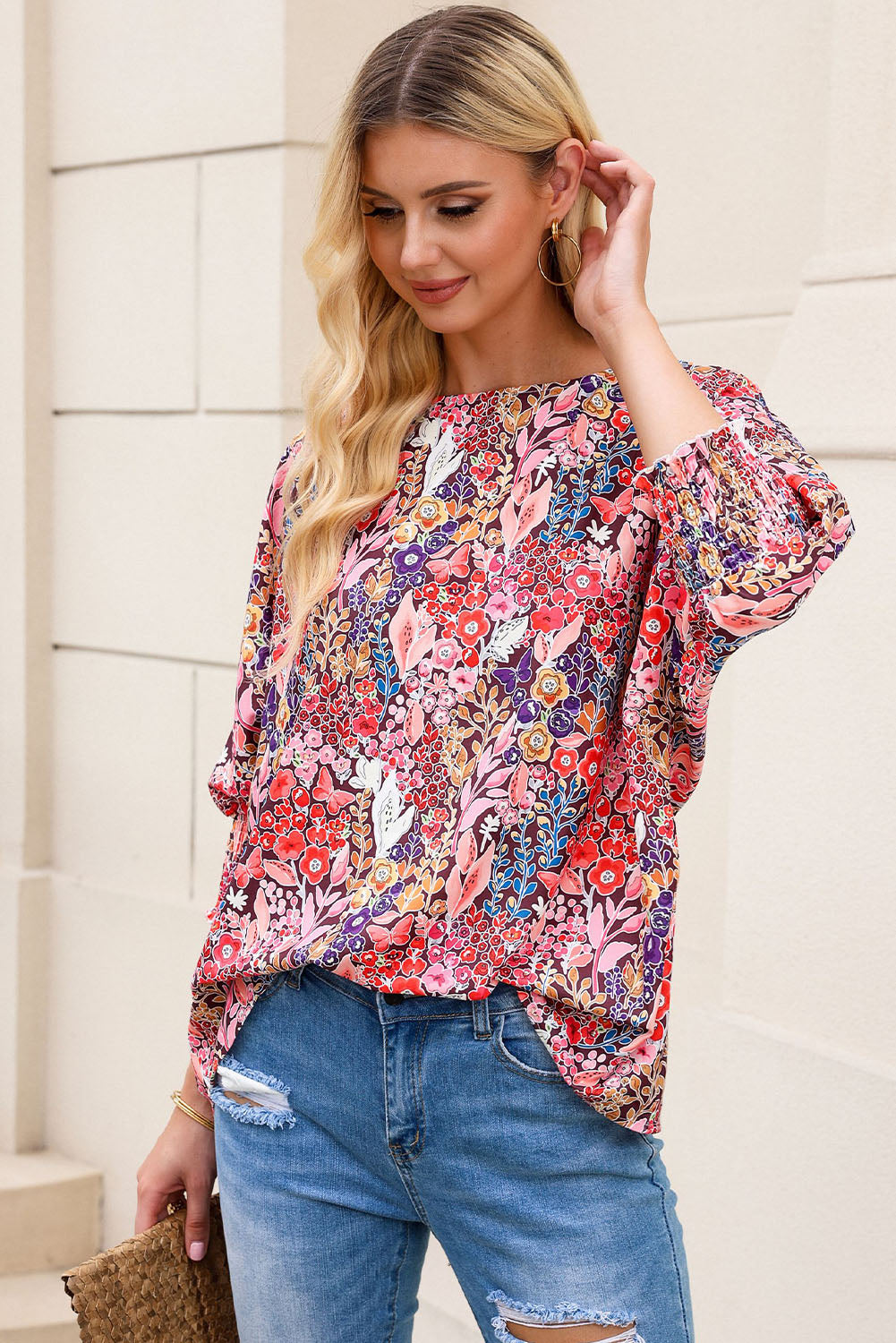 Floral Round Neck Three-Quarter Sleeve Top-Pimamour