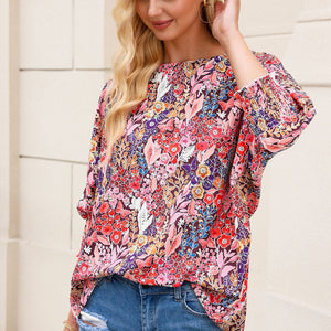 Floral Round Neck Three-Quarter Sleeve Top-Pimamour