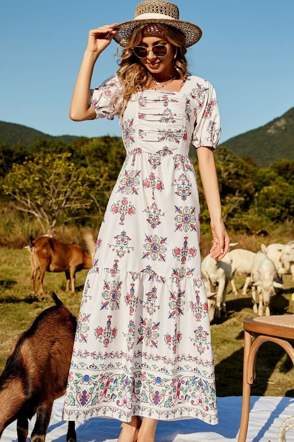 Floral Ruched Puff Sleeve Tiered Maxi Dress-Pimamour