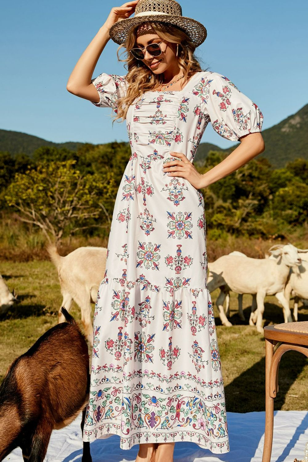 Floral Ruched Puff Sleeve Tiered Maxi Dress-Pimamour