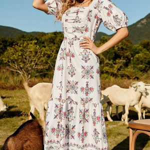 Floral Ruched Puff Sleeve Tiered Maxi Dress-Pimamour