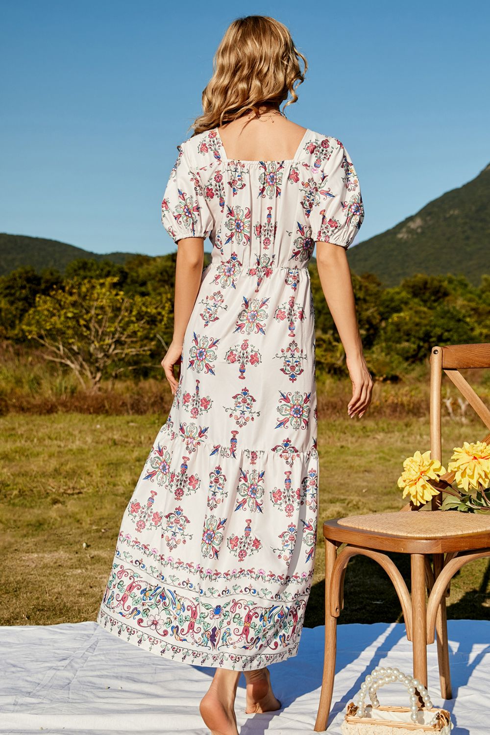 Floral Ruched Puff Sleeve Tiered Maxi Dress-Pimamour