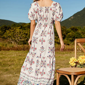 Floral Ruched Puff Sleeve Tiered Maxi Dress-Pimamour