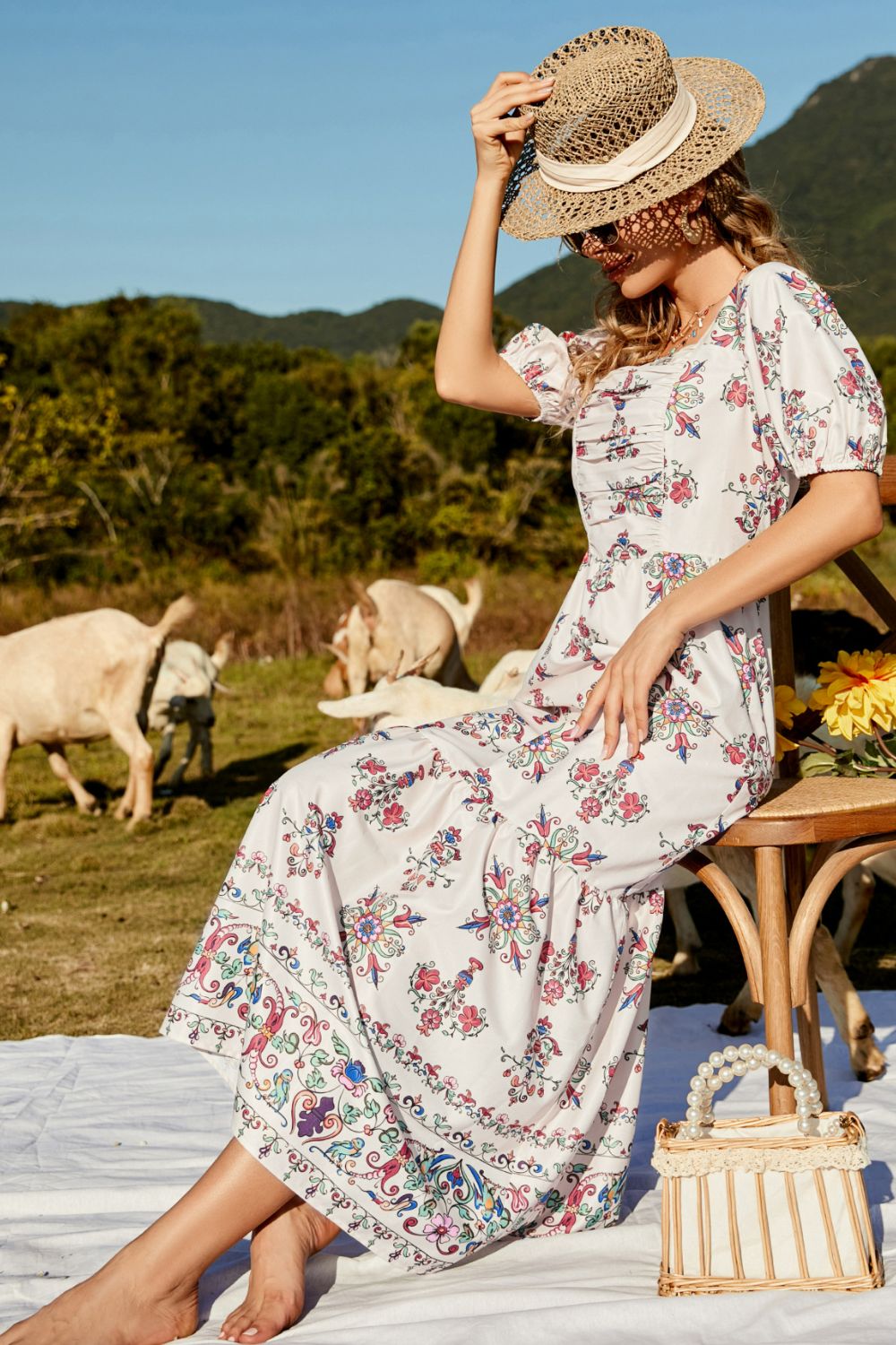 Floral Ruched Puff Sleeve Tiered Maxi Dress-Pimamour