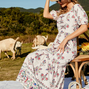 Floral Ruched Puff Sleeve Tiered Maxi Dress-Pimamour