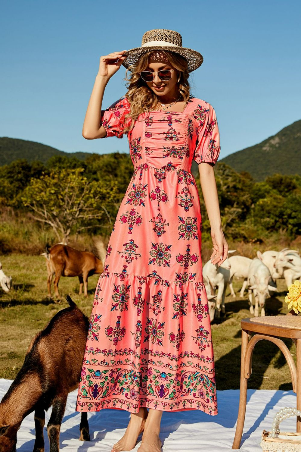 Floral Ruched Puff Sleeve Tiered Maxi Dress-Pimamour