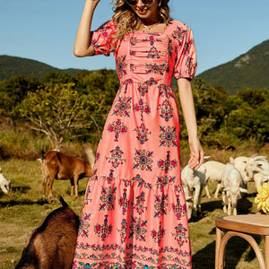 Floral Ruched Puff Sleeve Tiered Maxi Dress-Pimamour