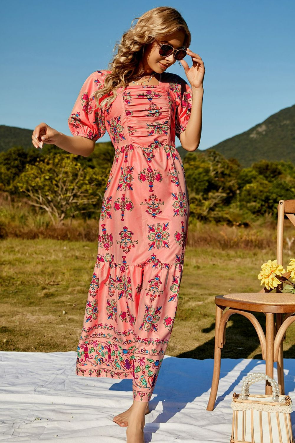 Floral Ruched Puff Sleeve Tiered Maxi Dress-Pimamour