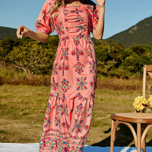 Floral Ruched Puff Sleeve Tiered Maxi Dress-Pimamour