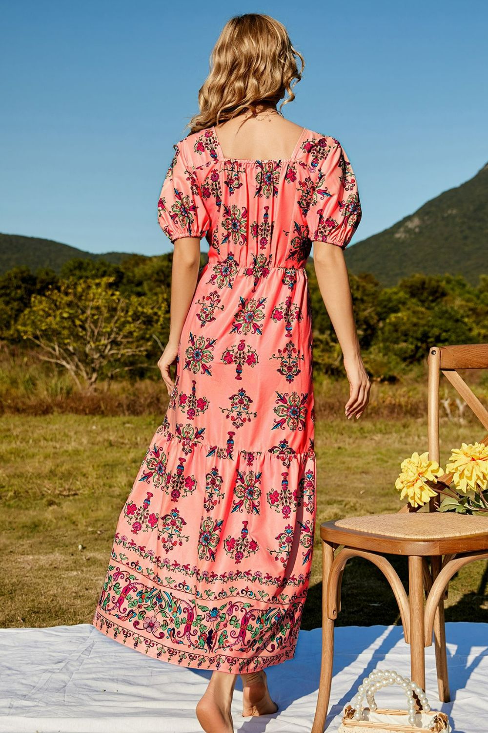 Floral Ruched Puff Sleeve Tiered Maxi Dress-Pimamour