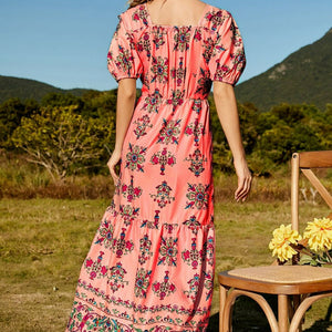 Floral Ruched Puff Sleeve Tiered Maxi Dress-Pimamour