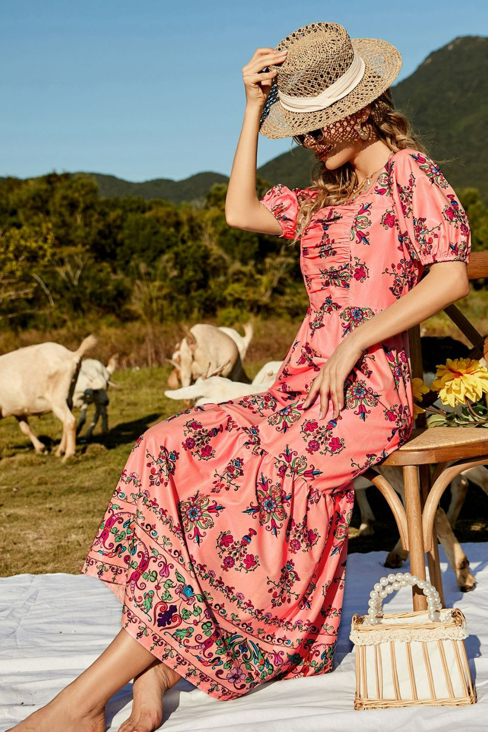 Floral Ruched Puff Sleeve Tiered Maxi Dress-Pimamour