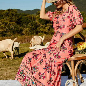 Floral Ruched Puff Sleeve Tiered Maxi Dress-Pimamour