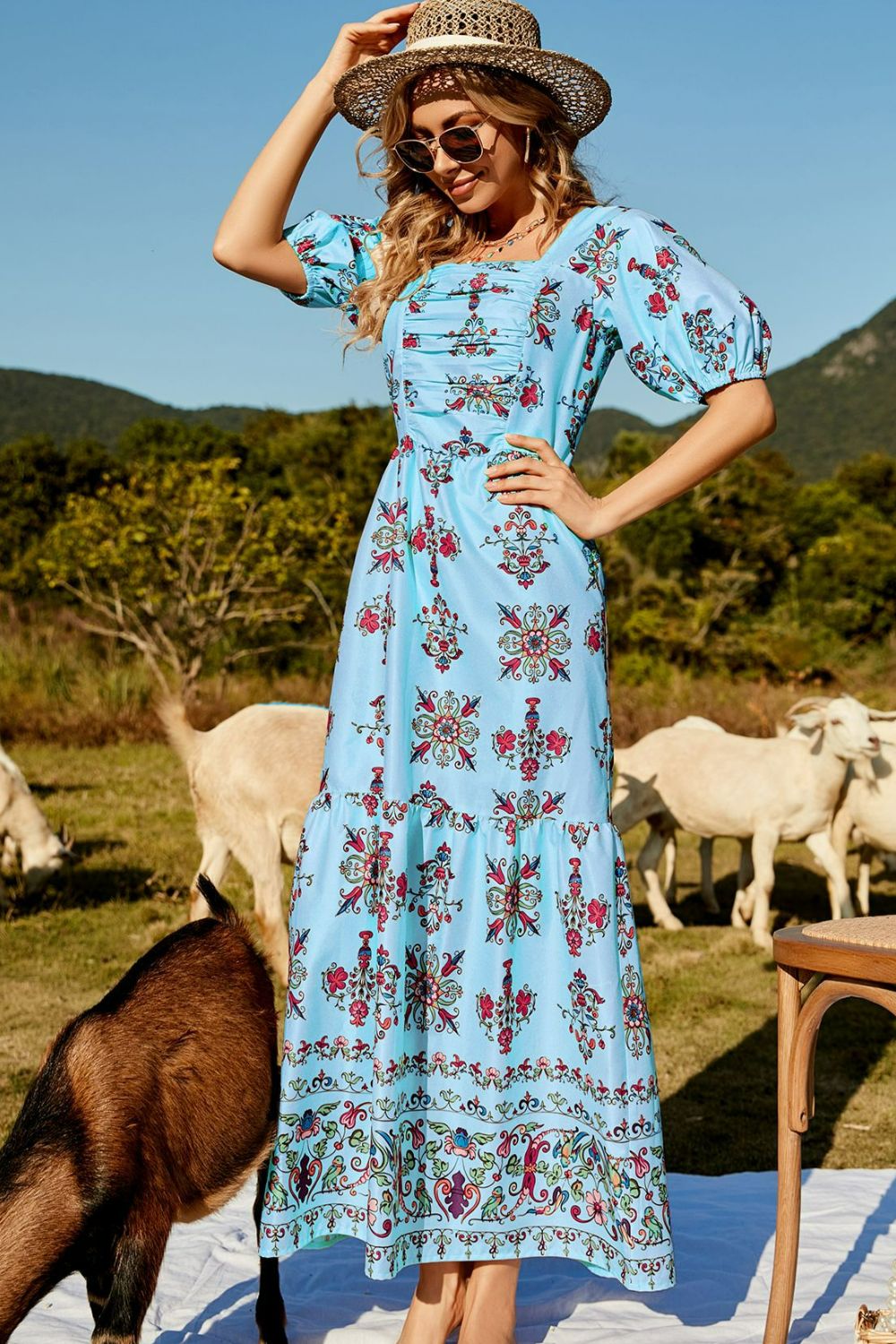 Floral Ruched Puff Sleeve Tiered Maxi Dress-Pimamour