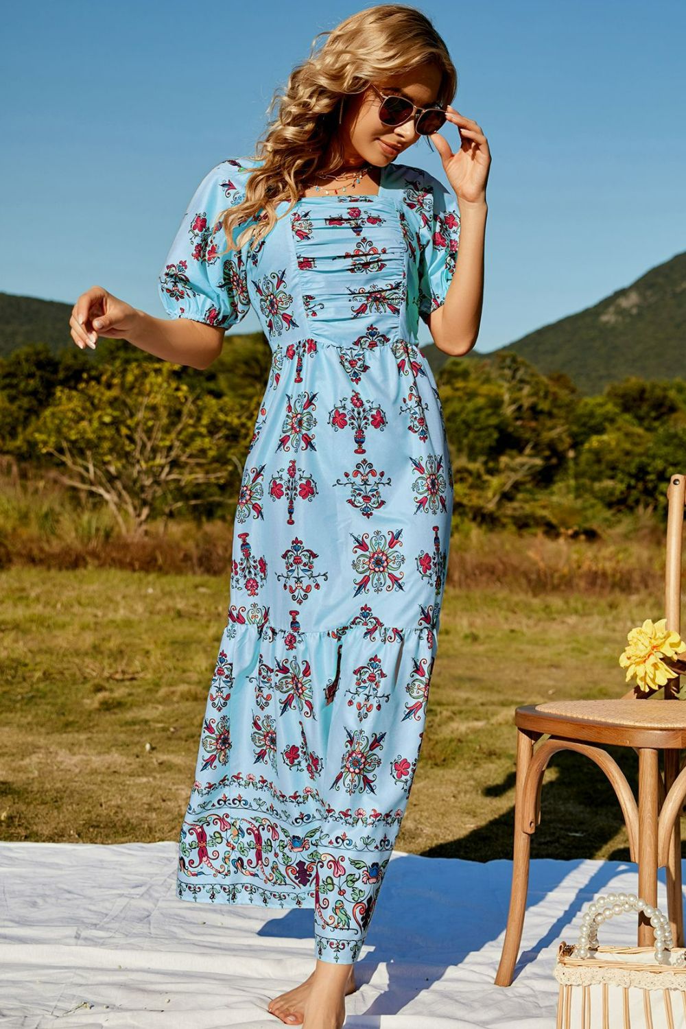 Floral Ruched Puff Sleeve Tiered Maxi Dress-Pimamour