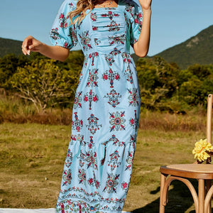 Floral Ruched Puff Sleeve Tiered Maxi Dress-Pimamour