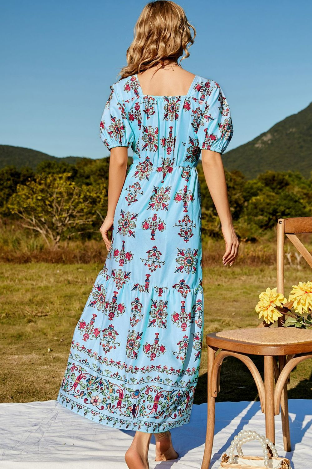 Floral Ruched Puff Sleeve Tiered Maxi Dress-Pimamour