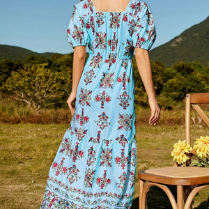 Floral Ruched Puff Sleeve Tiered Maxi Dress-Pimamour