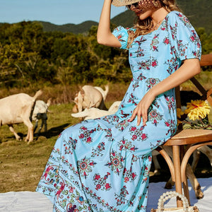 Floral Ruched Puff Sleeve Tiered Maxi Dress-Pimamour