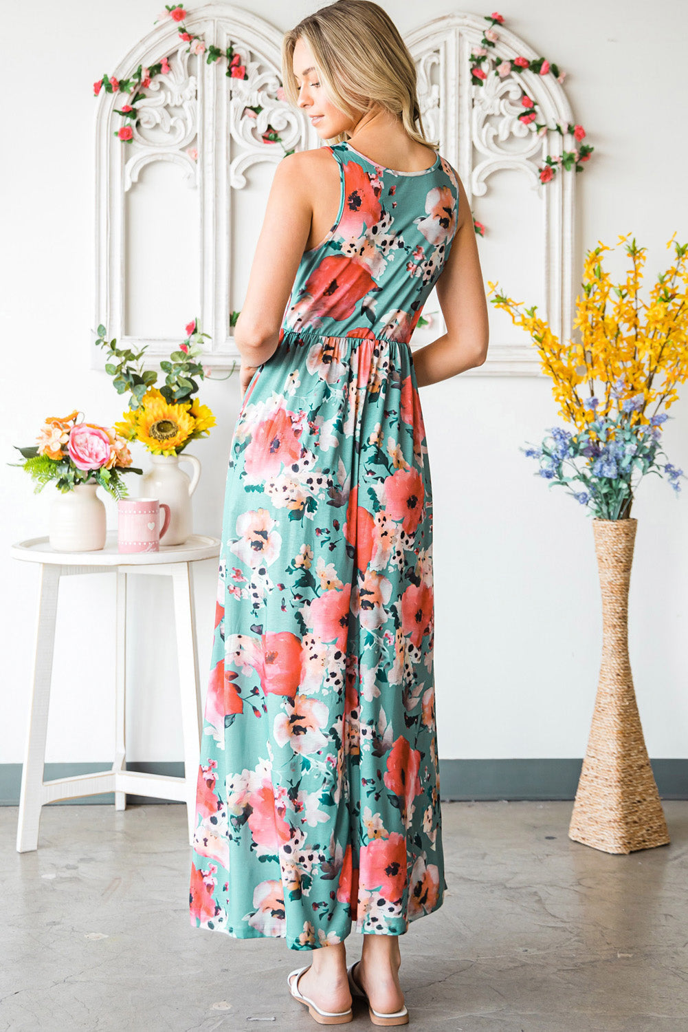 Floral Sleeveless Maxi Dress with Pockets-Pimamour