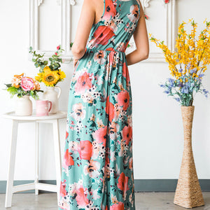 Floral Sleeveless Maxi Dress with Pockets-Pimamour