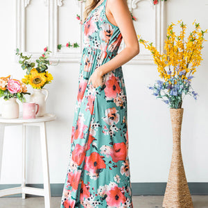 Floral Sleeveless Maxi Dress with Pockets-Pimamour