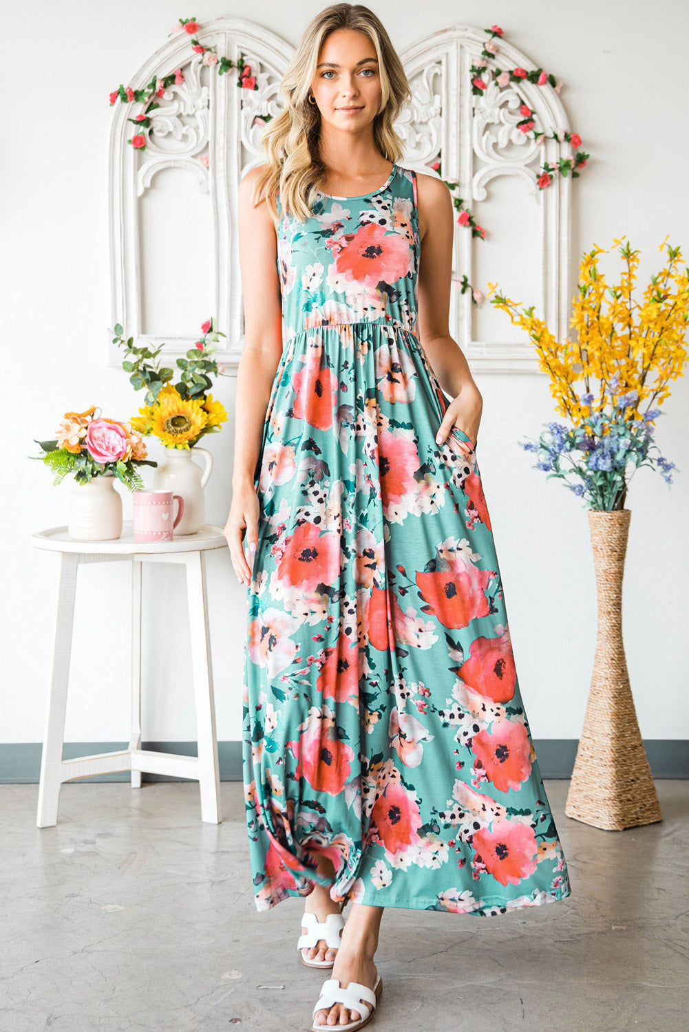 Floral Sleeveless Maxi Dress with Pockets-Pimamour