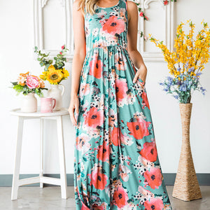 Floral Sleeveless Maxi Dress with Pockets-Pimamour