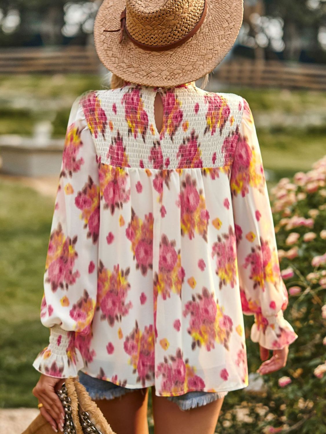 Floral Smocked Lantern Sleeve Blouse-Pimamour