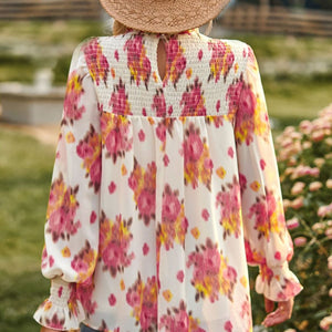 Floral Smocked Lantern Sleeve Blouse-Pimamour