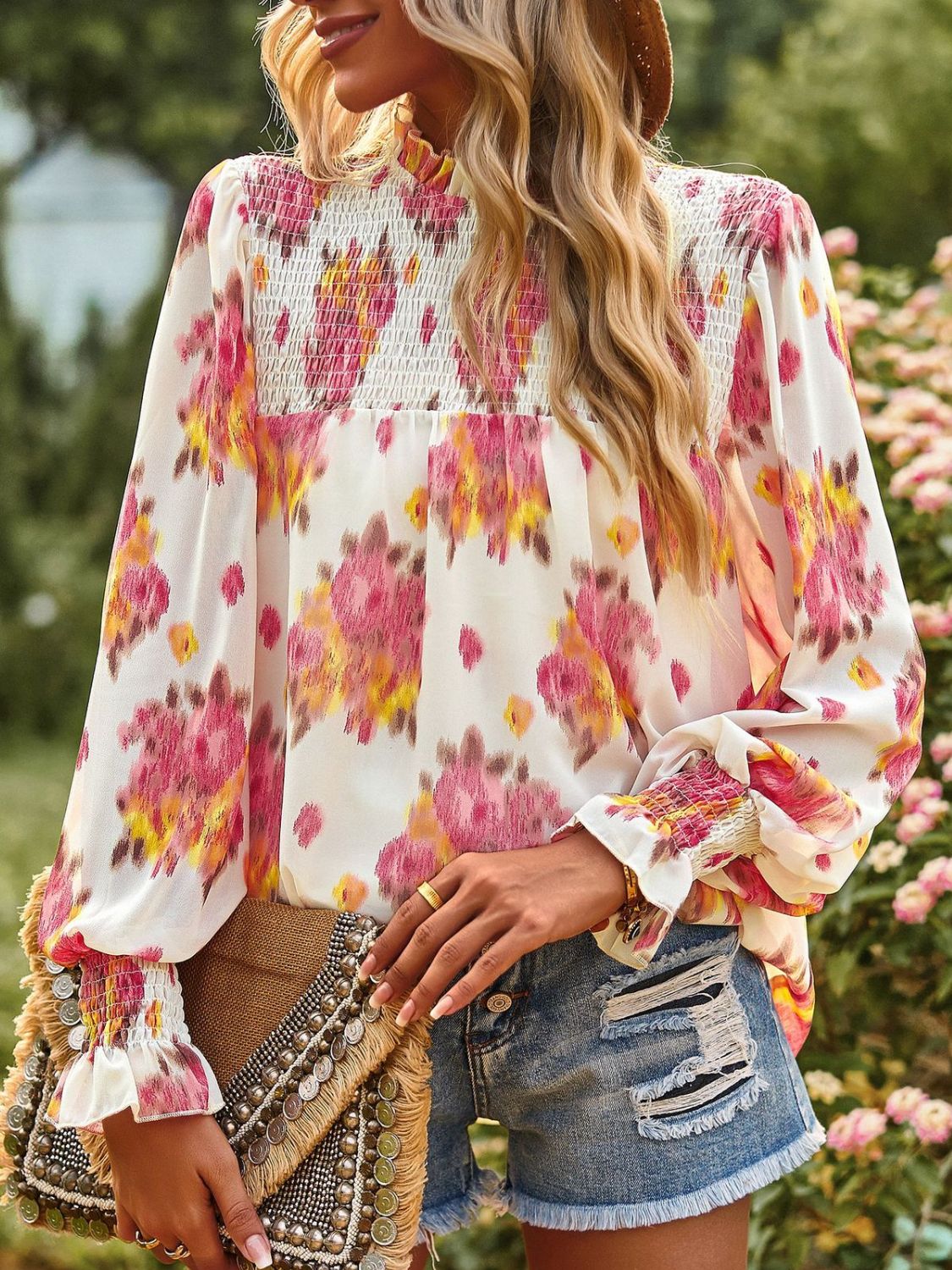 Floral Smocked Lantern Sleeve Blouse-Pimamour