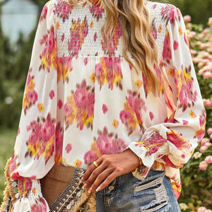 Floral Smocked Lantern Sleeve Blouse-Pimamour