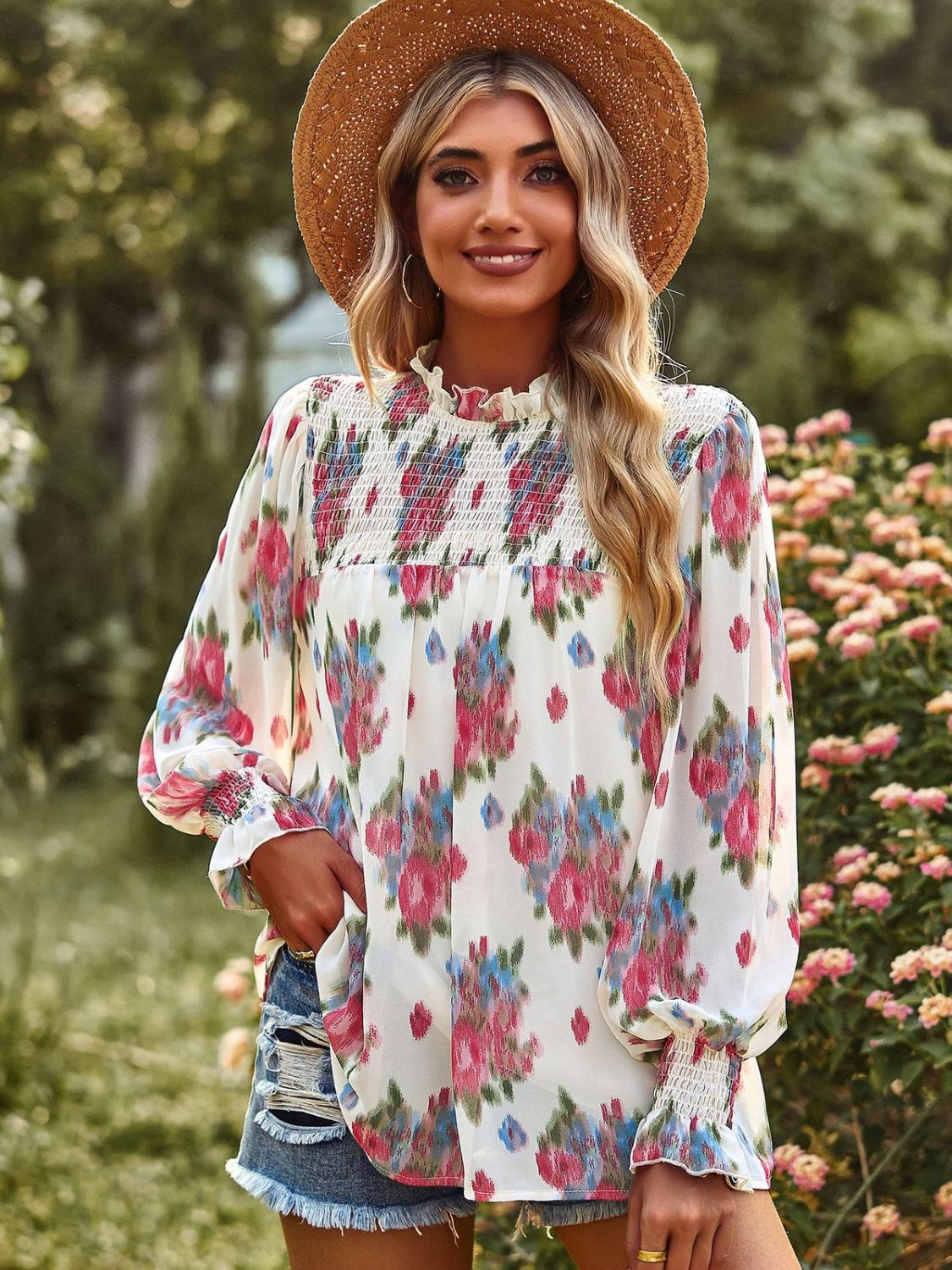 Floral Smocked Lantern Sleeve Blouse-Pimamour